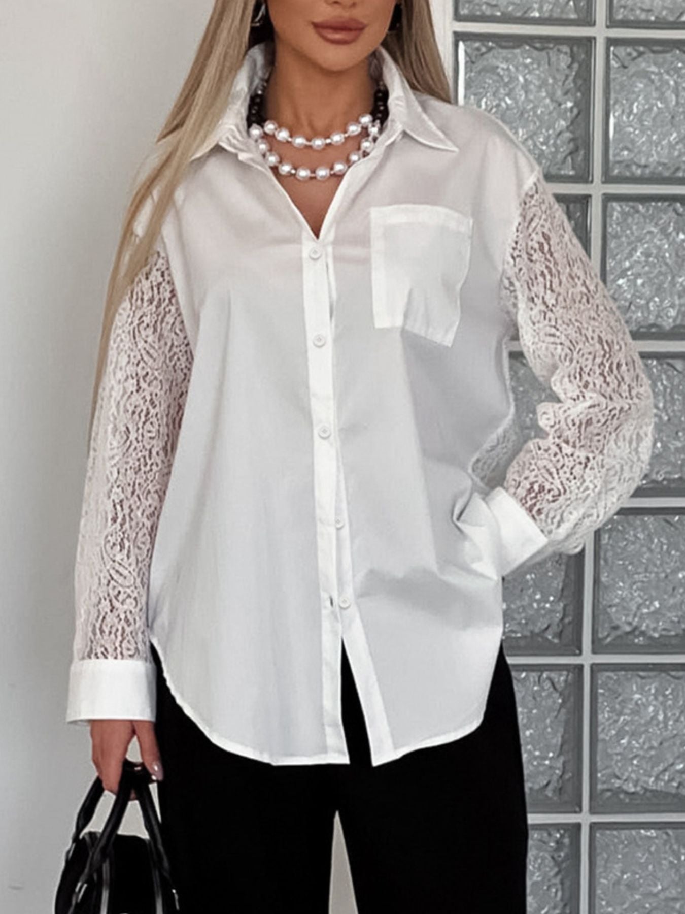 Lace Sleeve Button-Down Shirt - Front Pocket Detail
