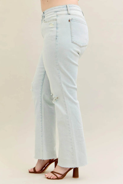 Judy Blue Full Size Destroy & Fray Hem Bootcut Jeans Plus Size - Fashions Envy