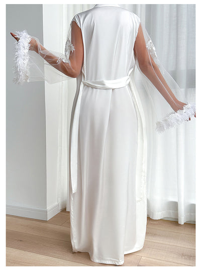 Sheer Lace Robe - Full Length Boa Sleeve Intimate Wear