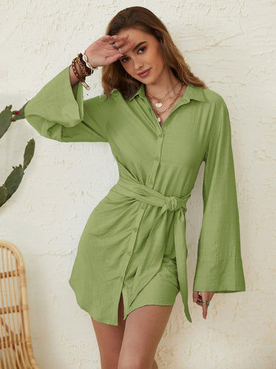 Matcha Green Collared Neck Long Sleeve Mini Shirt Dress