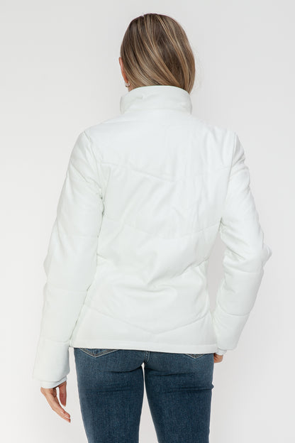 Pocketed Zip Up Turtleneck White Puffer Jacket