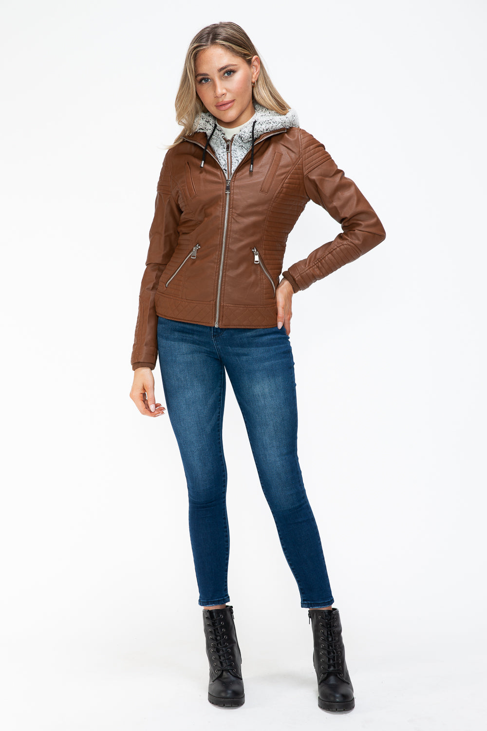 Rust Faux Layered Double-Zipper Jacket with Fuzzy Hood