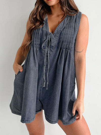 V-neck Pleated Tied Romper with Pockets
