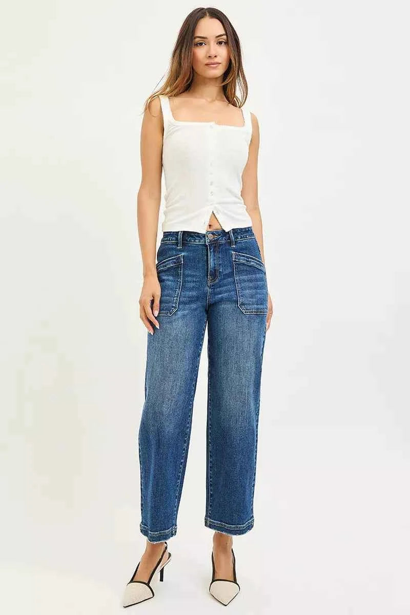 RISEN Slouchy Baggy Jeans - Cropped Front Patch Pocket