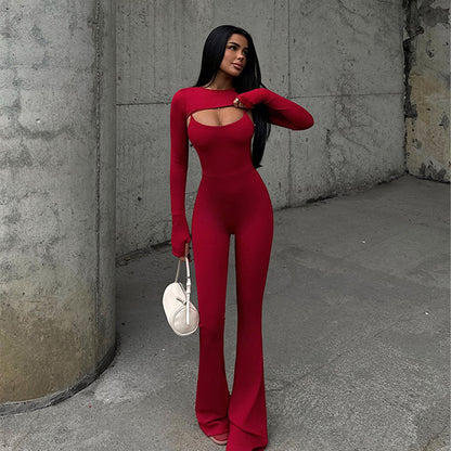 Long Sleeve Jumpsuit Set - Round Neck Tight Two-Piece