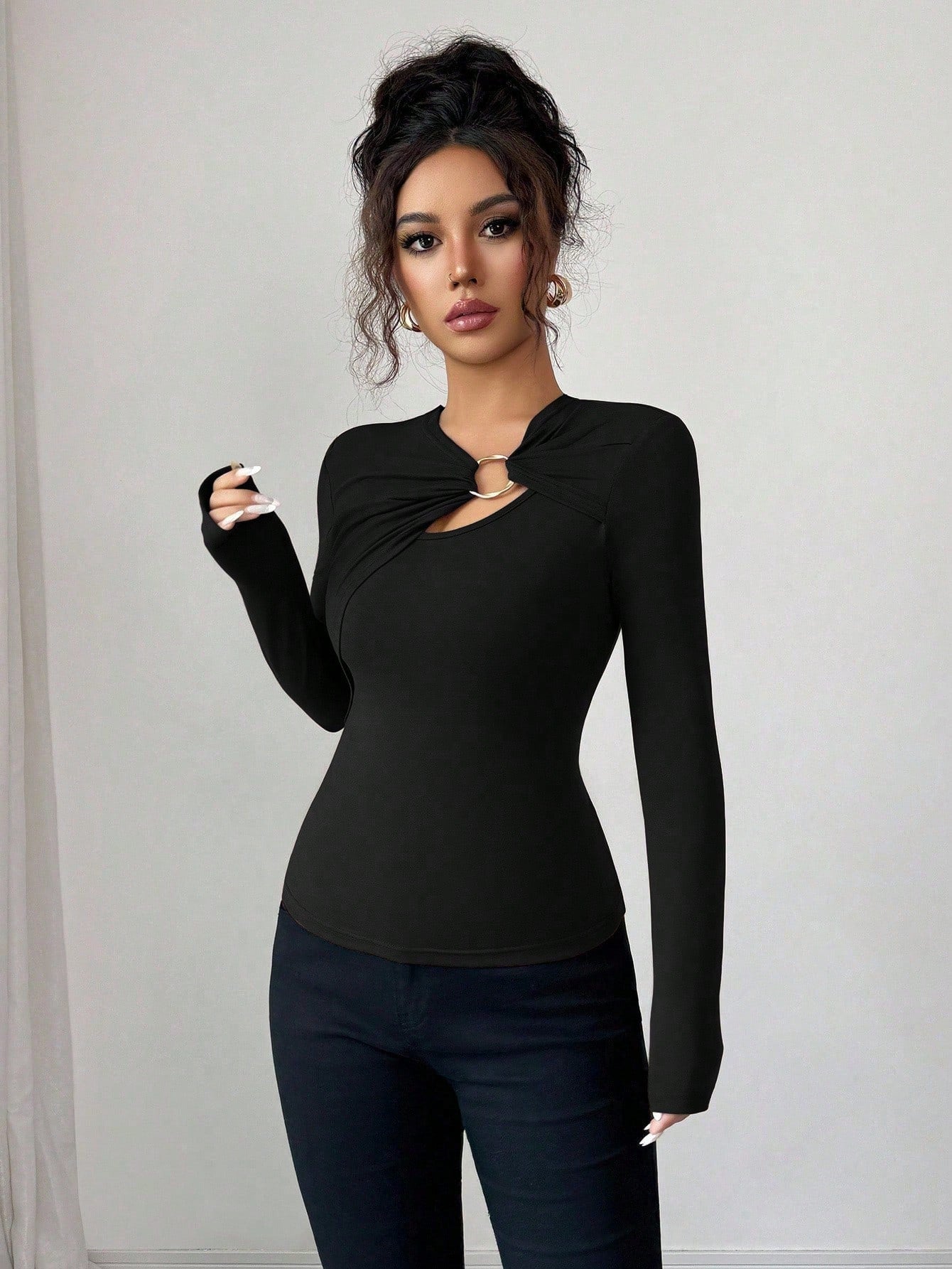 Asymmetric Top - Hollow-Out Metal Decorated Slim Fit