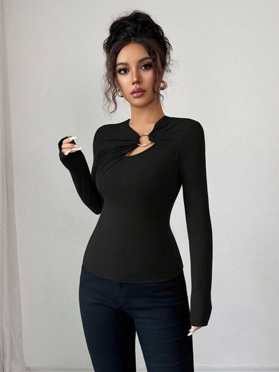 Asymmetric Top - Hollow-Out Metal Decorated Slim Fit