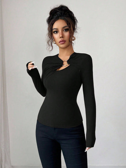Asymmetric Top - Hollow-Out Metal Decorated Slim Fit