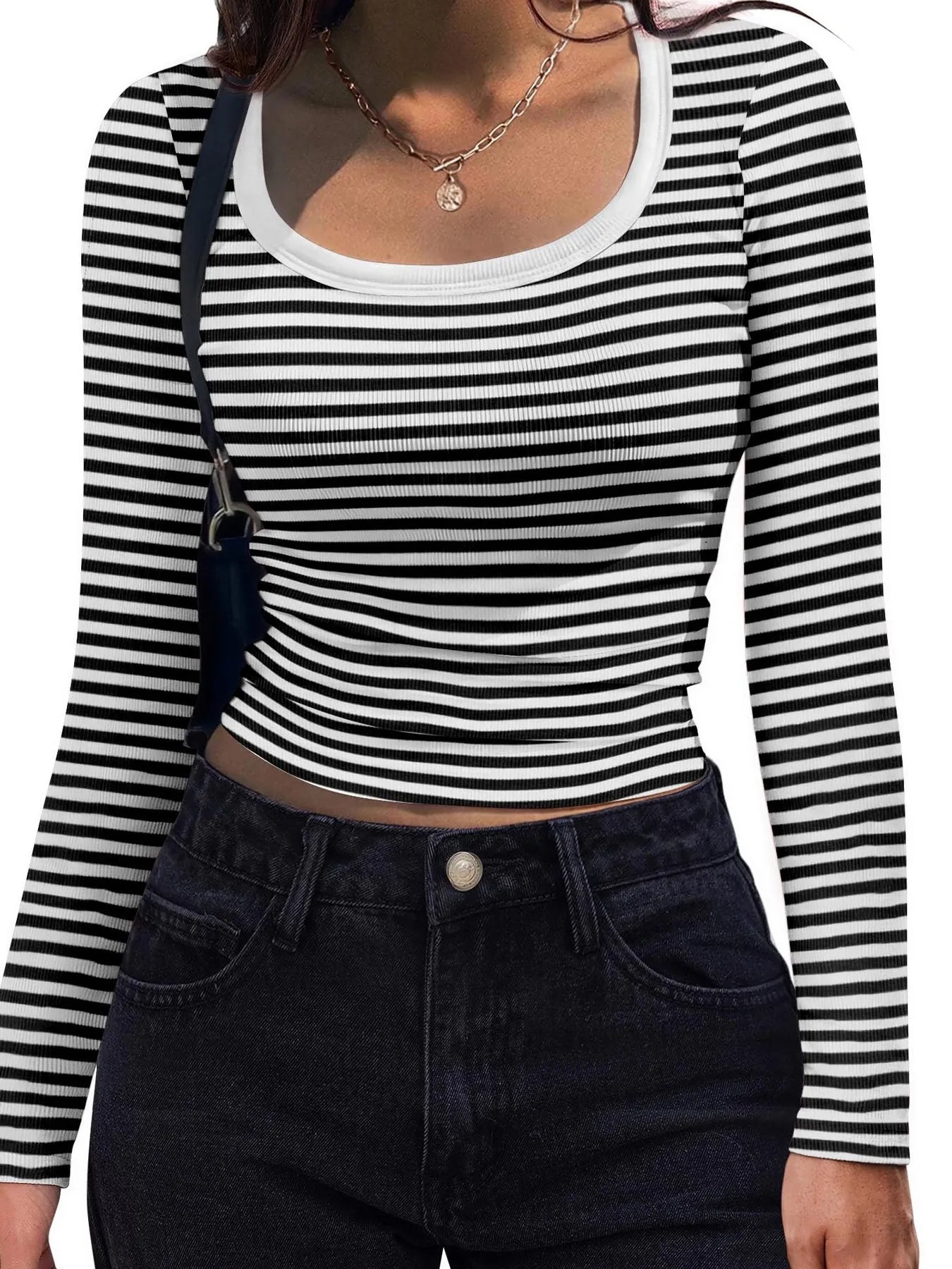 Trendsi Scoop Neck T-Shirt black and white striped long sleeve ribbed cropped top for casual wear