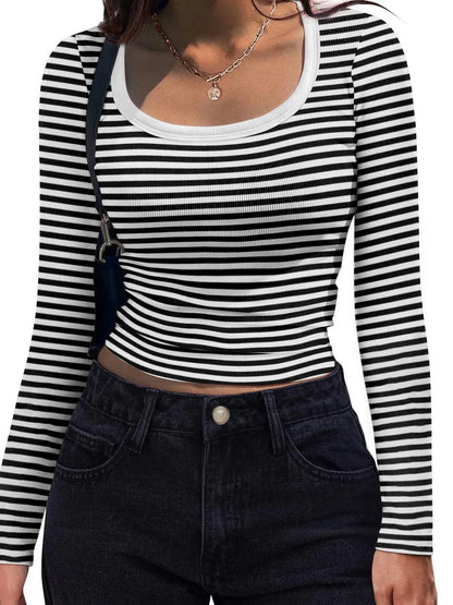Trendsi Scoop Neck T-Shirt black and white striped long sleeve ribbed cropped top for casual wear
