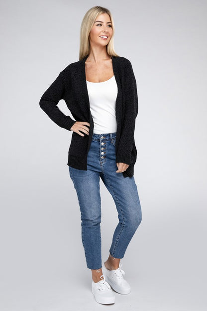 Melange Open Front Sweater Cardigan with Front Pockets