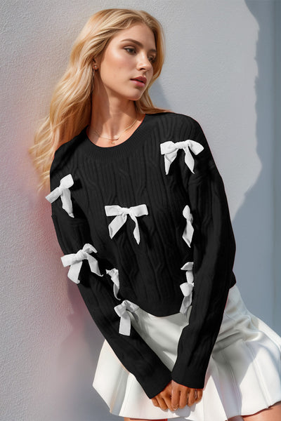 Double Take Full Size Bow Cable-Knit Round Neck Sweater - Fashions Envy