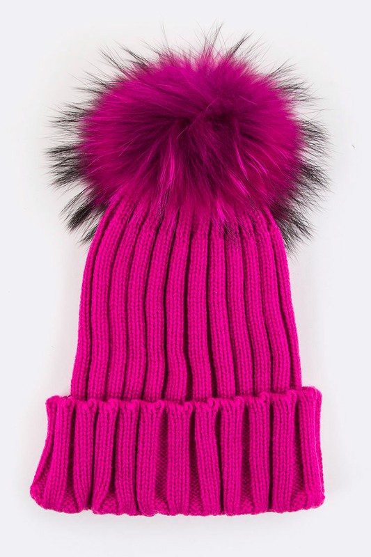 Raccoon Fur PomPom Beanie