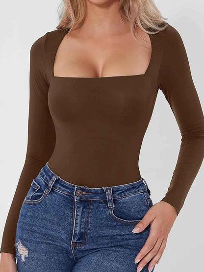 Square Neck Long Sleeve Bodysuit - Sleek Fitted Style - Fashions Envy