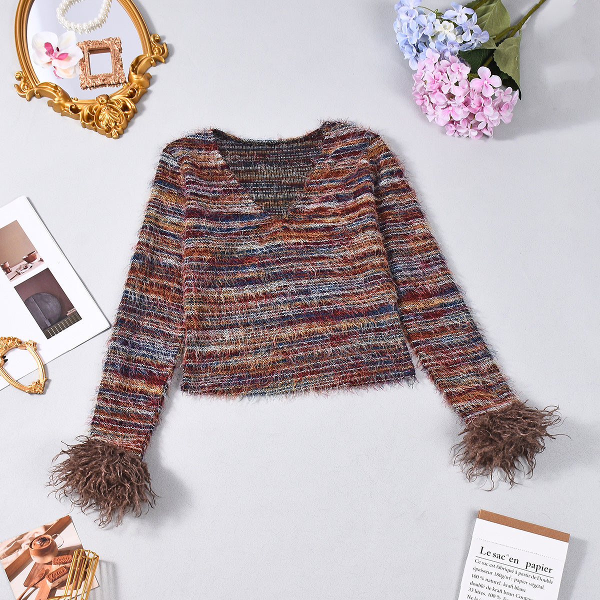 Open navel V-neck yarn dyed top for women