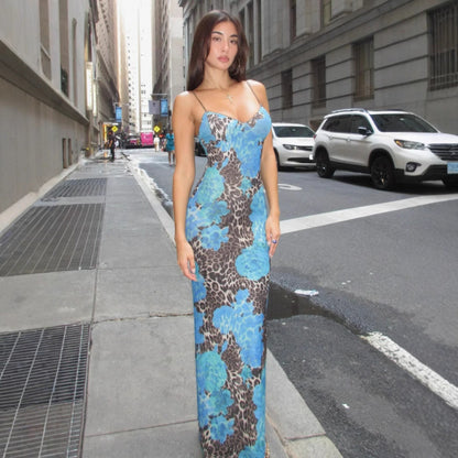 Slim-fit Contrast Colors Backless Sling Maxi Dress