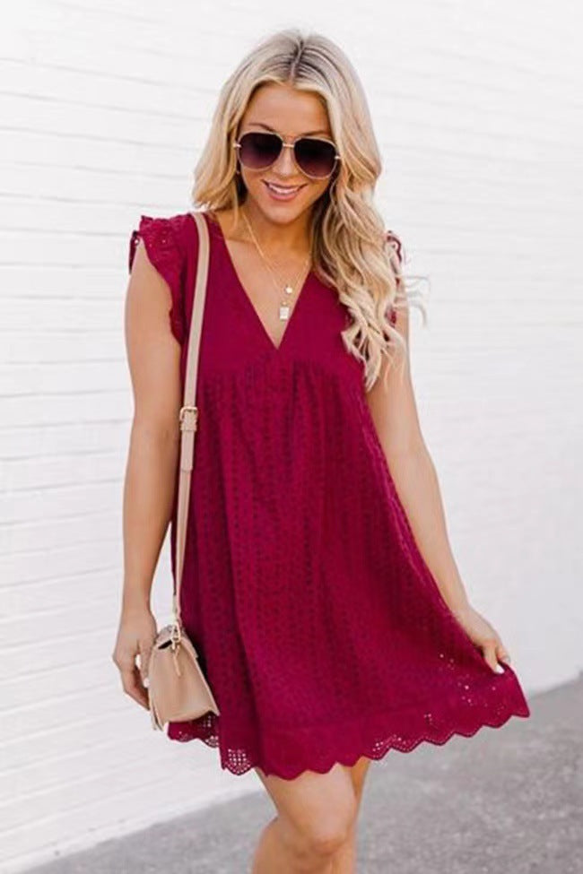 Lace Beach Dress - V-Neck Sleeveless Summer Dress with Pockets