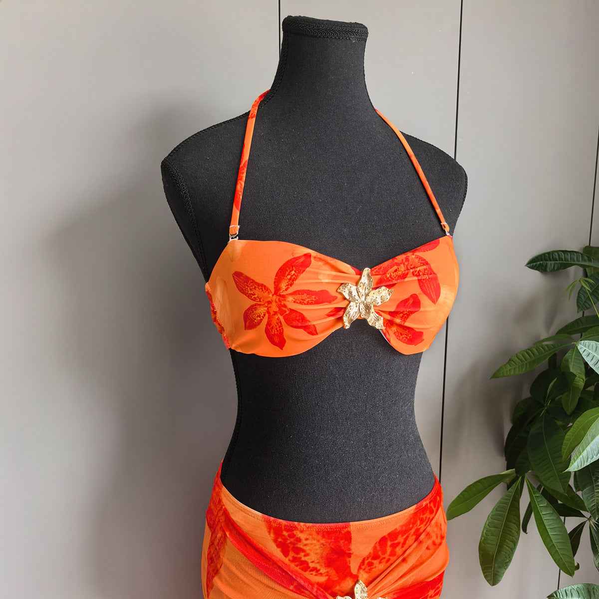 Orange Print Bikini Set - Tie Strap Triangle Two-Piece Swimsuit