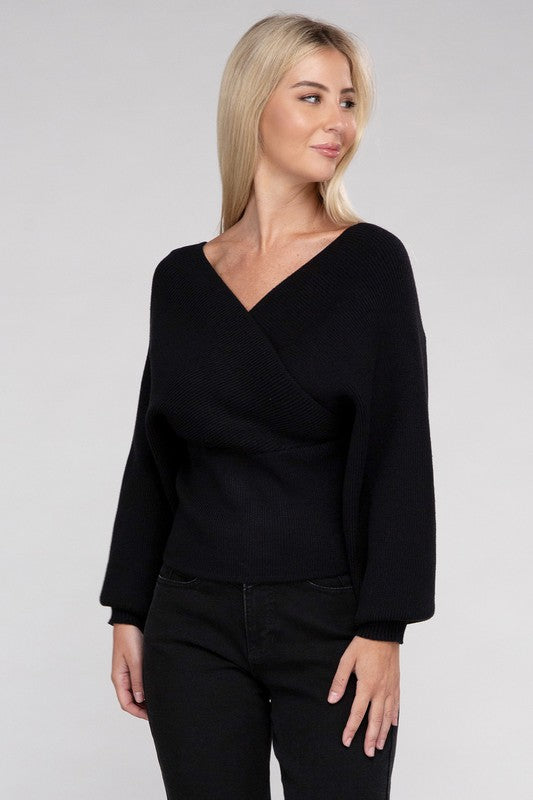 Cross-Wrap Viscose Long Sleeve Pullover Sweater