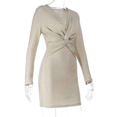 Gold Bodycon Dress - Twisted V-Neck Long Sleeve Wrap