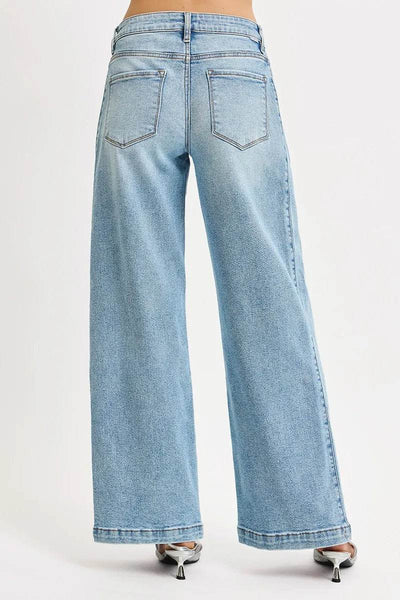 RISEN Mid Rise Wide Barrel Transferable Leg Snap Jeans - Fashions Envy