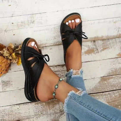 Tied Open Toe Low Heel Sandals - Fashions Envy