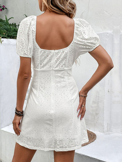 Perfee Bow Detail Eyelet Puff Sleeve White Mini Dress