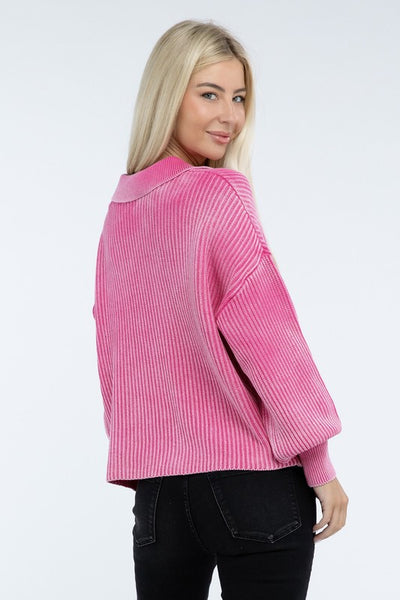 Ribbed Washed Collared Henley Sweater - Fashions Envy