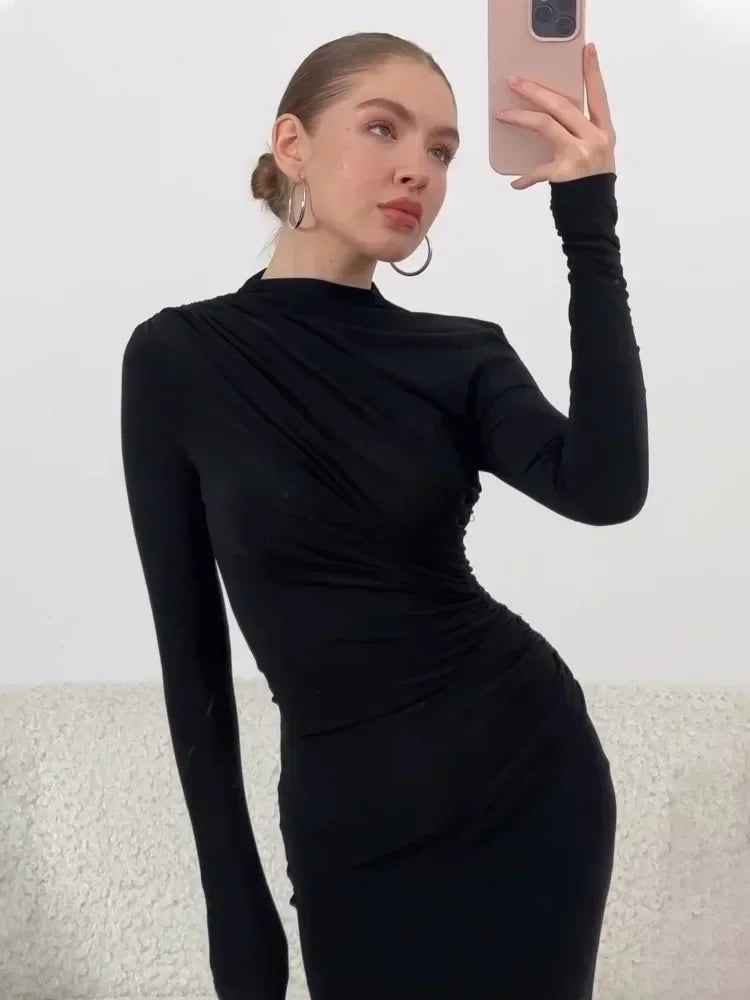 Pleated Maxi Dress - Bodycon Fitted Long Sleeve Elegant