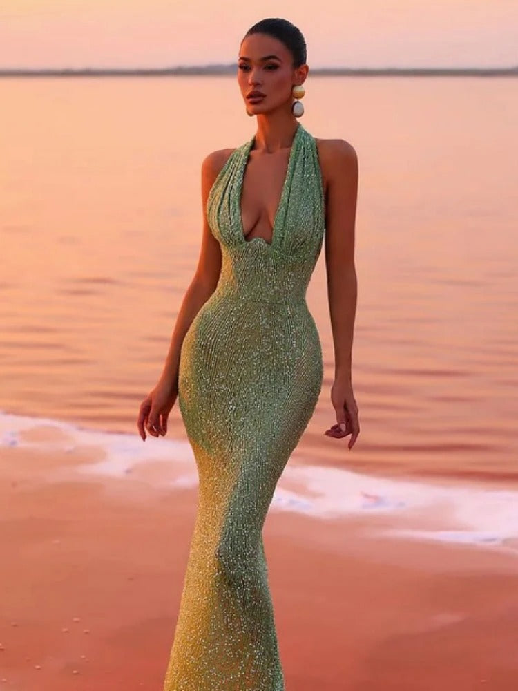 Sequined V-Neck Prom Dress - Sparkle Bodycon Gown