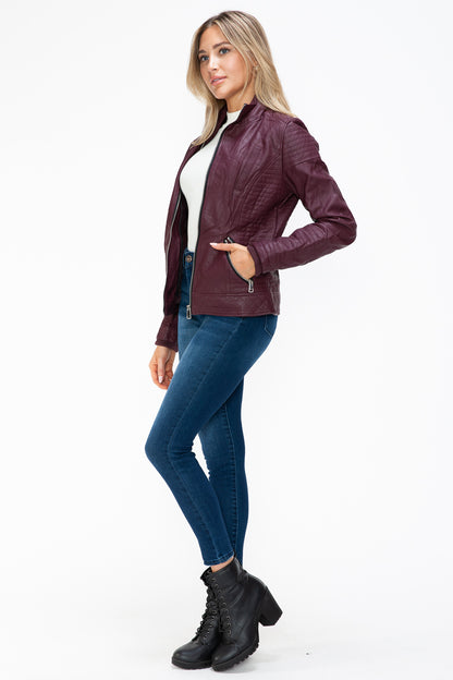 Wine Faux Layered Double-Zipper Jacket with Fuzzy Hood