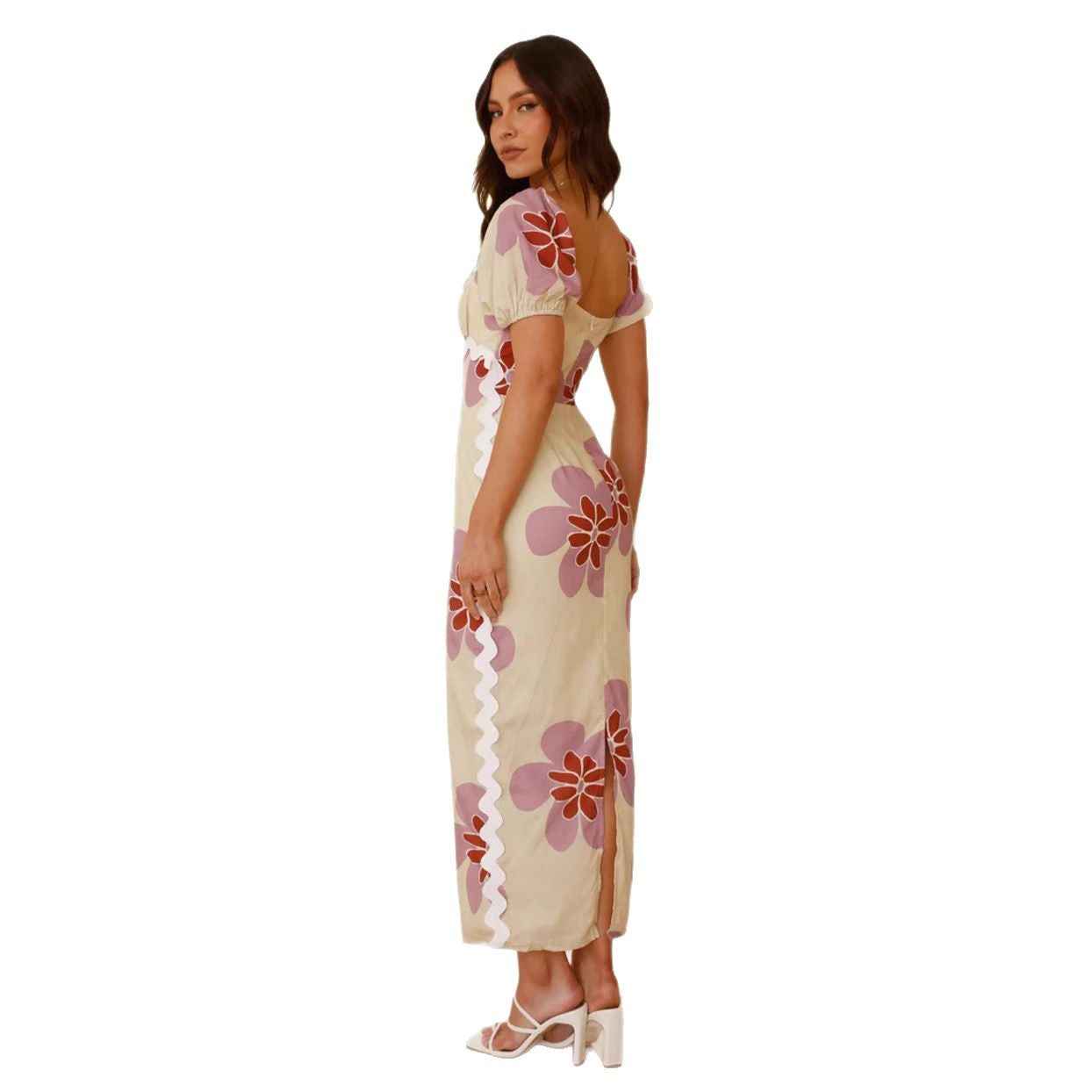 Floral Print Midi Dress - Short Sleeve Front Slit Style
