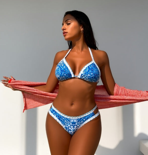 High Waist Ruffle Bikini - Geometric Print Swimsuit