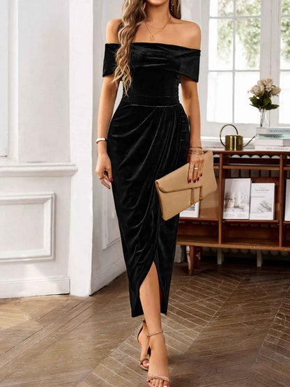 Velvet Off-Shoulder Midi Dress - Ruched Bodycon Slit - Fashions Envy