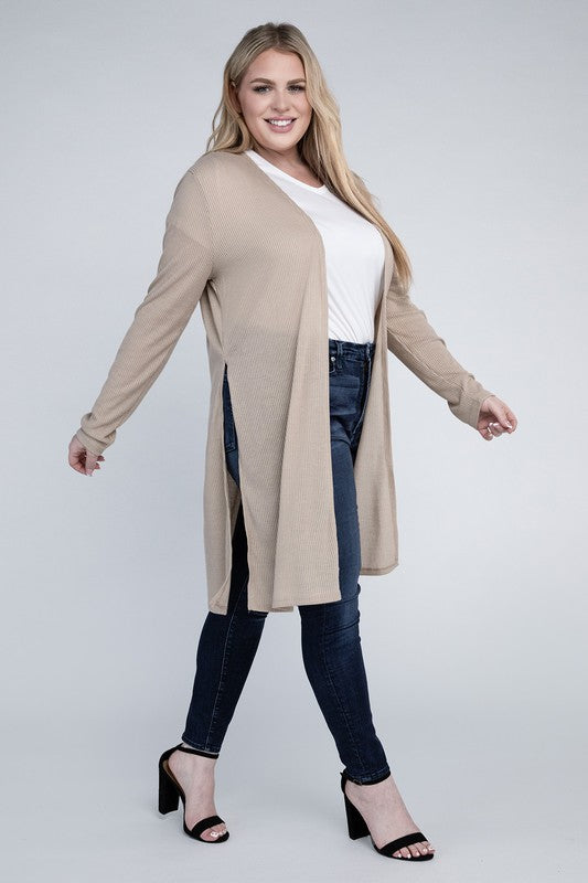 Plus Open Front Side Slit Everyday Long Cardigan