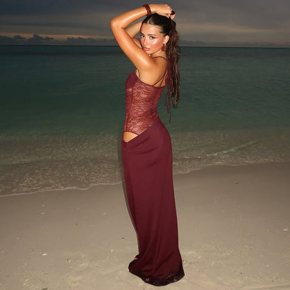 Sexy Y2K Lace Halter Party Evening Sleeveless Maxi Dress