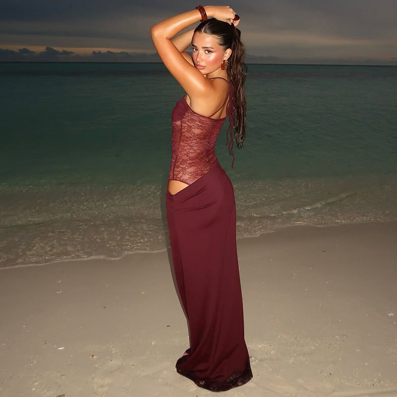 Sexy Y2K Lace Halter Party Evening Sleeveless Maxi Dress