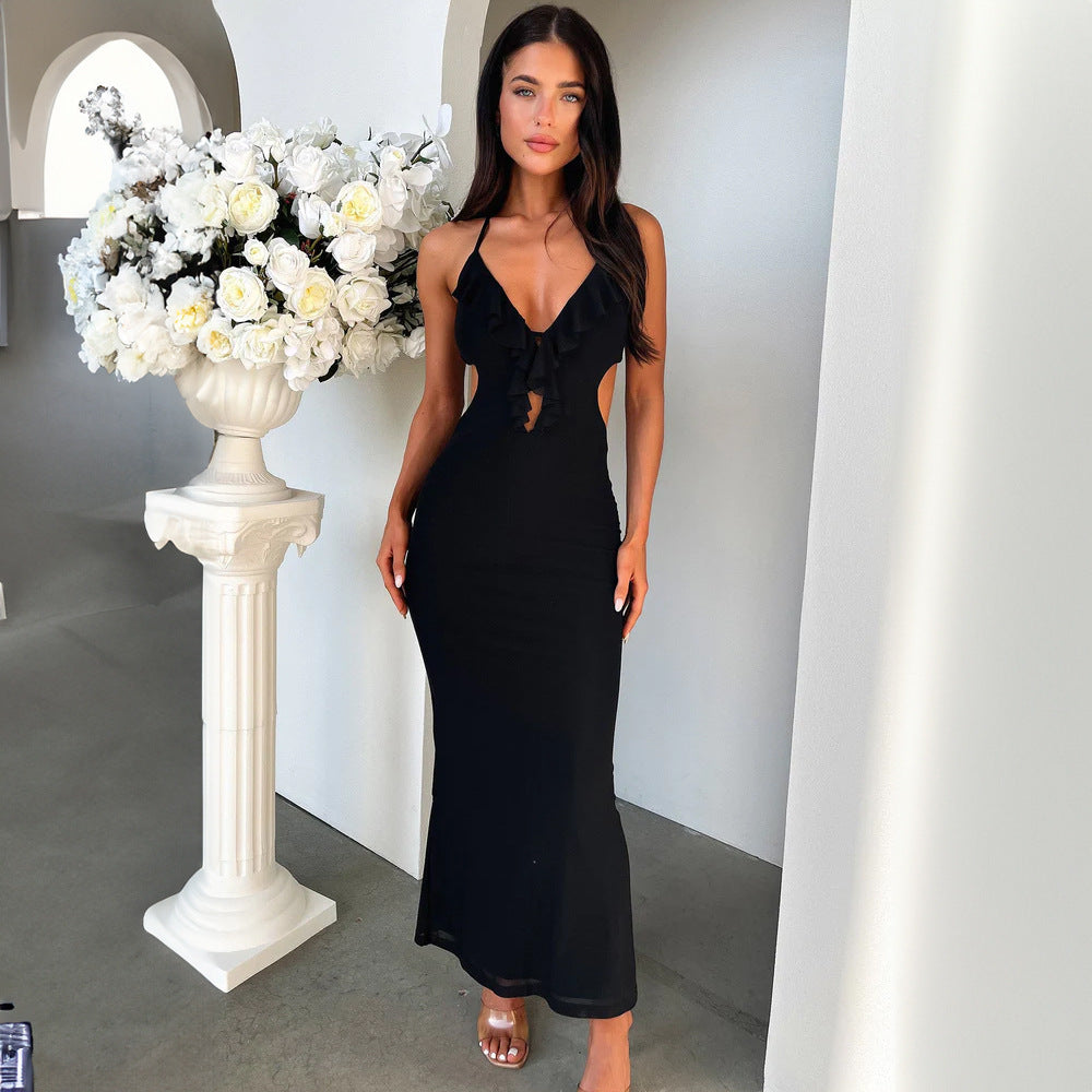 Slim-fitting Pure Color Halter Sling Style Maxi Dress