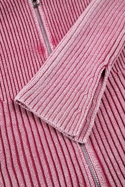 Double Take Ribbed Off-Shoulder Zip Up Long Sleeve Cardigan - Fashions Envy