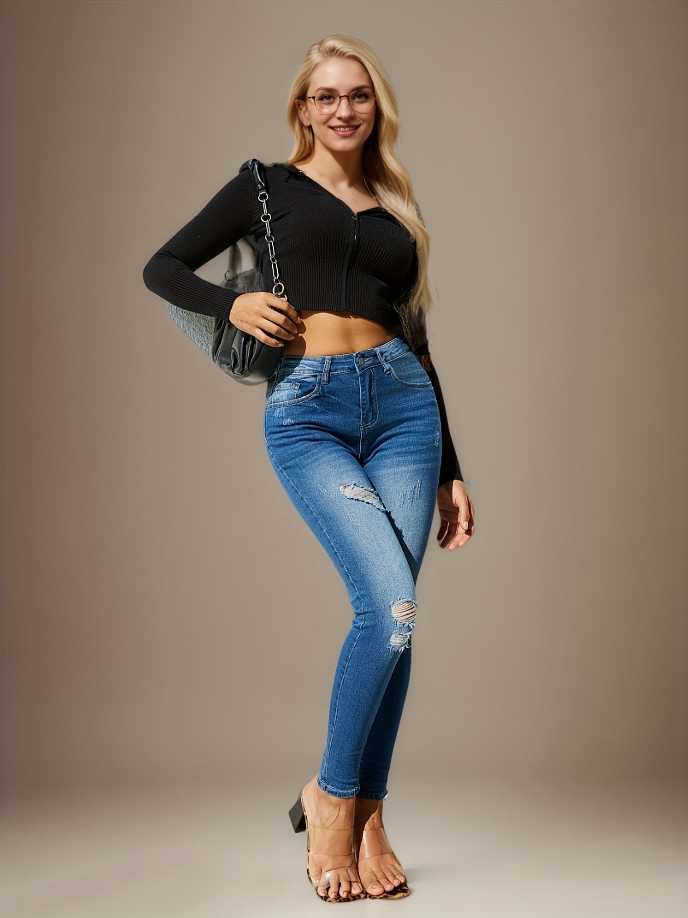 Skinny Jeans Women - High Waist Frayed Hem Distressed