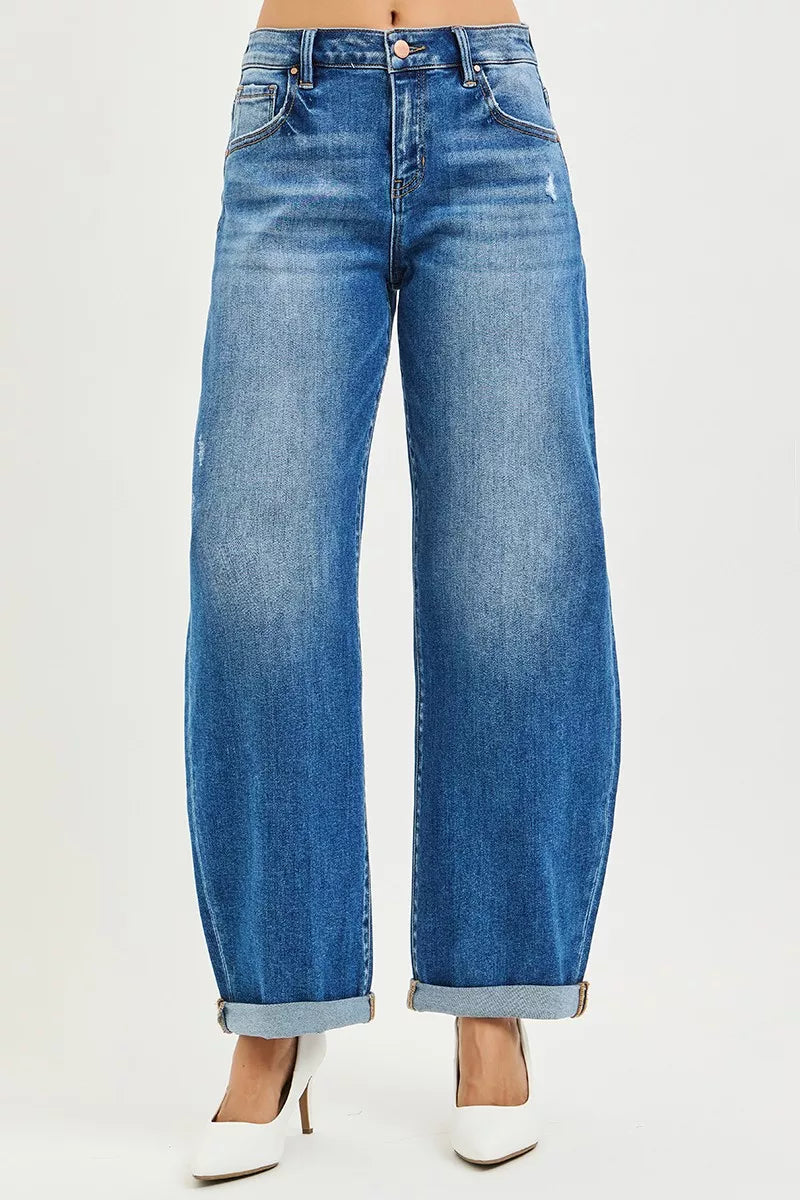 RISEN Barrel Jeans Women - Mid Rise Double Roll Cuff - Fashions Envy