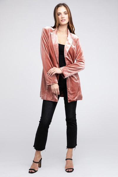 Shiny Velvet Peak Lapel Single Blazer - Fashions Envy