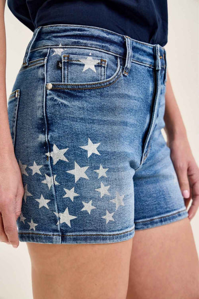 Star Splatter Denim Shorts - Judy Blue High Rise Slim Fit