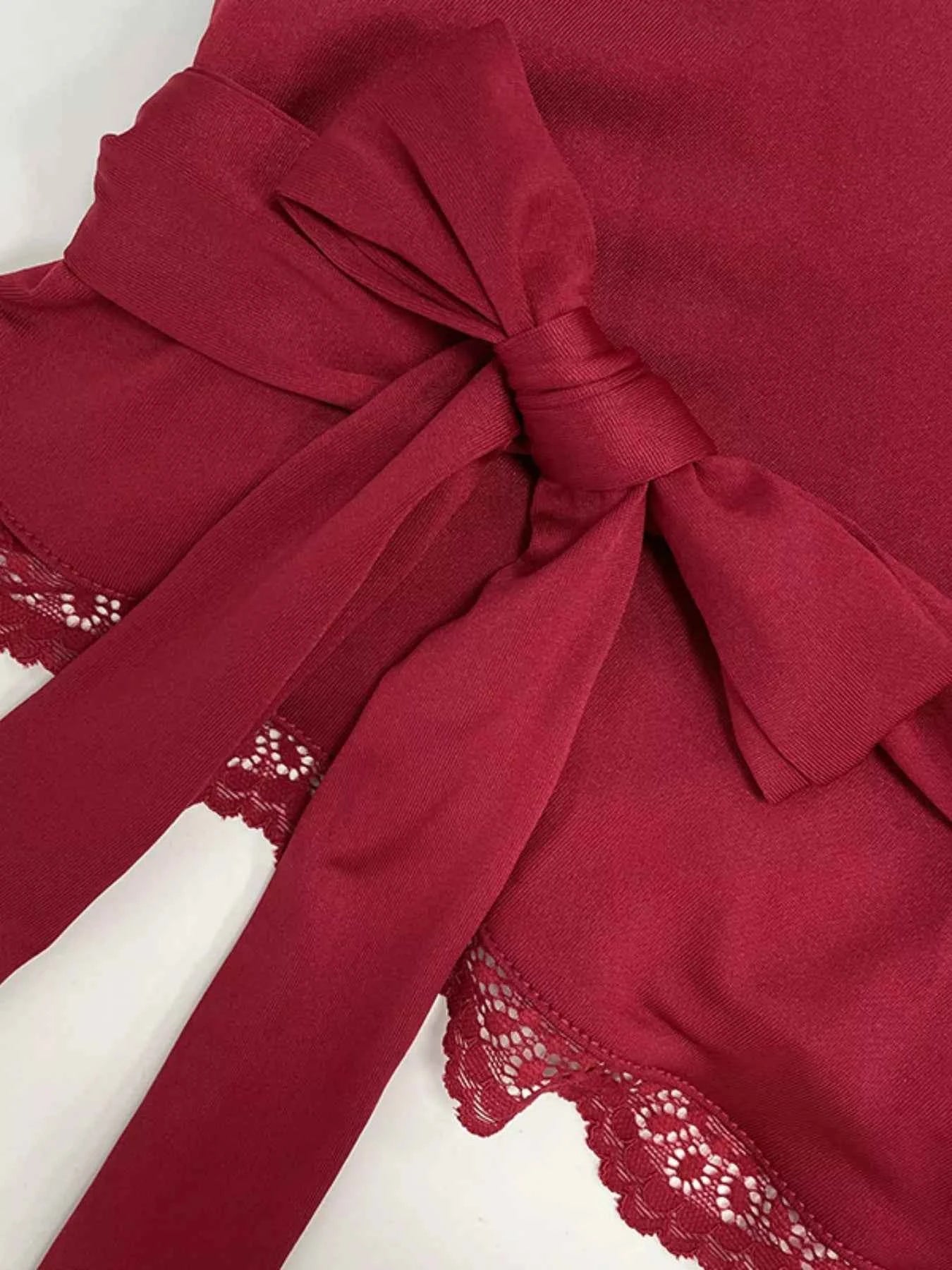 Lace Trim Bell Sleeve Tie Blouse