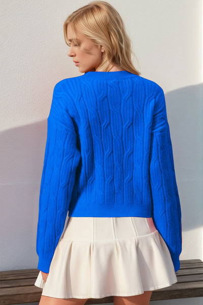 Double Take Full Size Bow Cable-Knit Round Neck Sweater - Fashions Envy