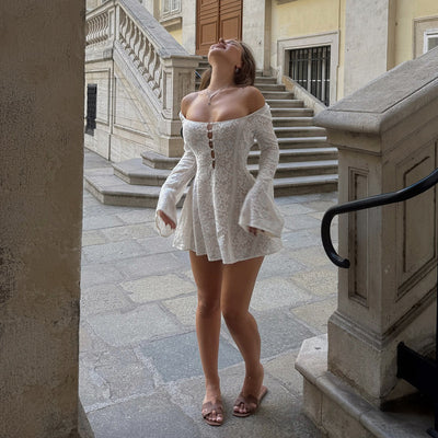 Apricot Lace Bodycon Dress - One Shoulder Long Sleeve - Fashions Envy