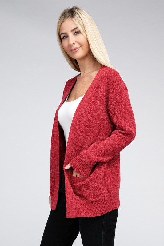 Melange Open Front Sweater Cardigan with Front Pockets