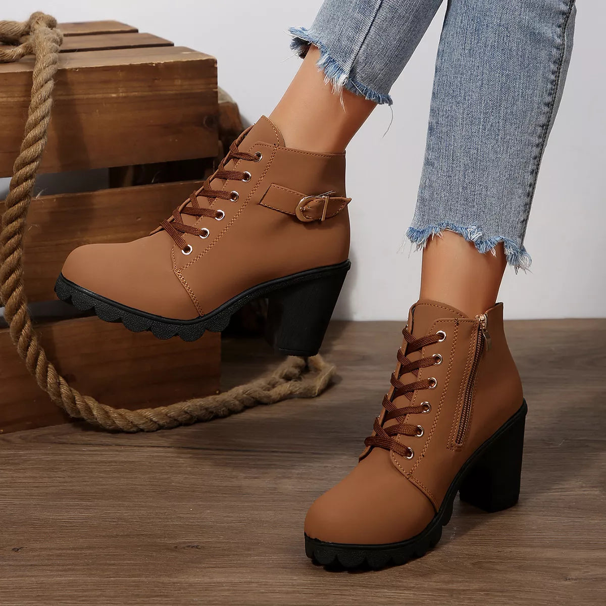 Lace Up Boots - Block High Heels - Fashions Envy