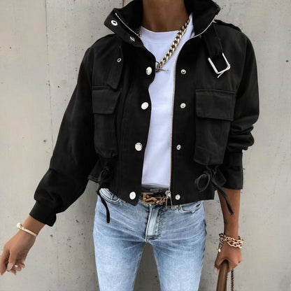 Women's Stand Collar Jacket - Button Zipper Spring Coat - Fashions Envy
