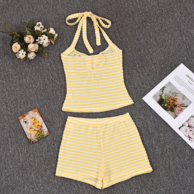 Halter Neck Mini Shorts Set - Decorative Crop Top Outfit
